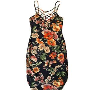 Sarah La Women Midi Dress size L Sexy Sleeveless Body Con Floral Black & Orange